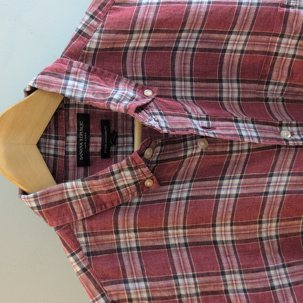 Banana Republic Men's Medium Linen Camden Standard Fit Short Sleeve Plaid Shirt